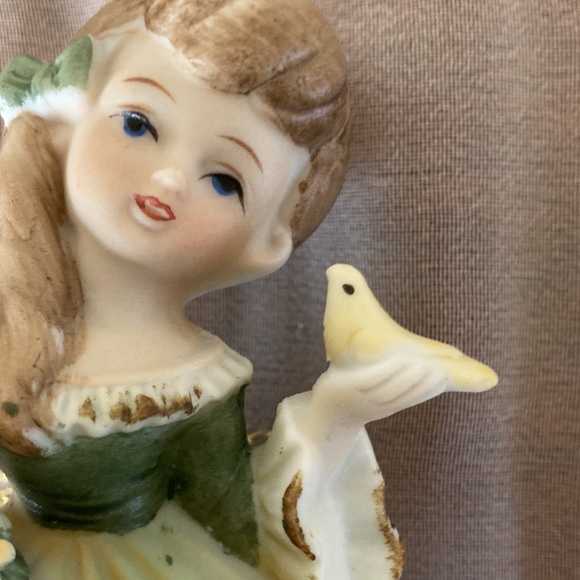 Lefton China Hand Painted Bisque Porcelain Girl holding Bird and Flower Basket - Picture 4 of 10